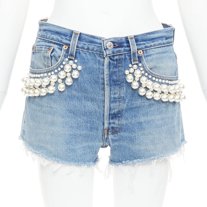 rare MIU MIU LEVI'S 2021 washed denim pearl embellished cut off shorts 25"