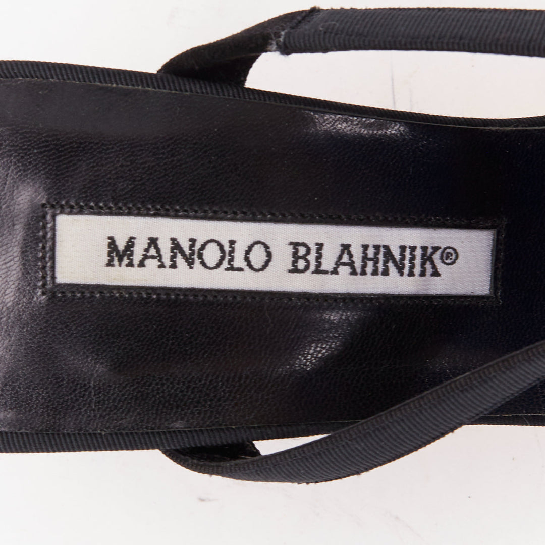 MANOLO BLAHNIK black grosgrain ribbon straps leather spool slipper heels EU37