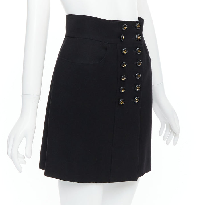 CHANEL 95C black  wool silk lined gold CC logo buttons skirt FR38 M