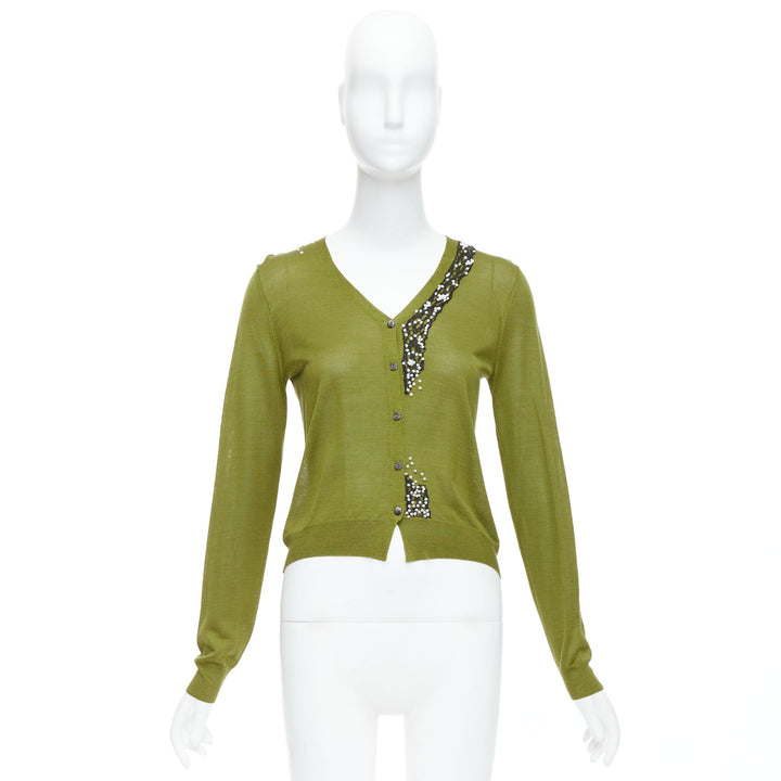 DRIES VAN NOTEN green silk linen bead applique cardigan sweater S