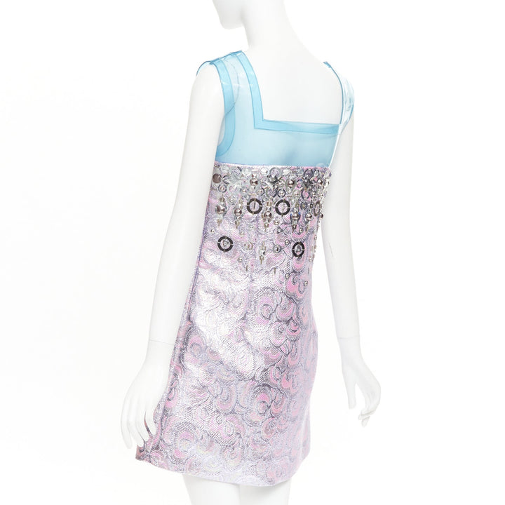 rare MIU MIU 2014 Runway blue PVC metallic purple wool A-line dress IT40 S