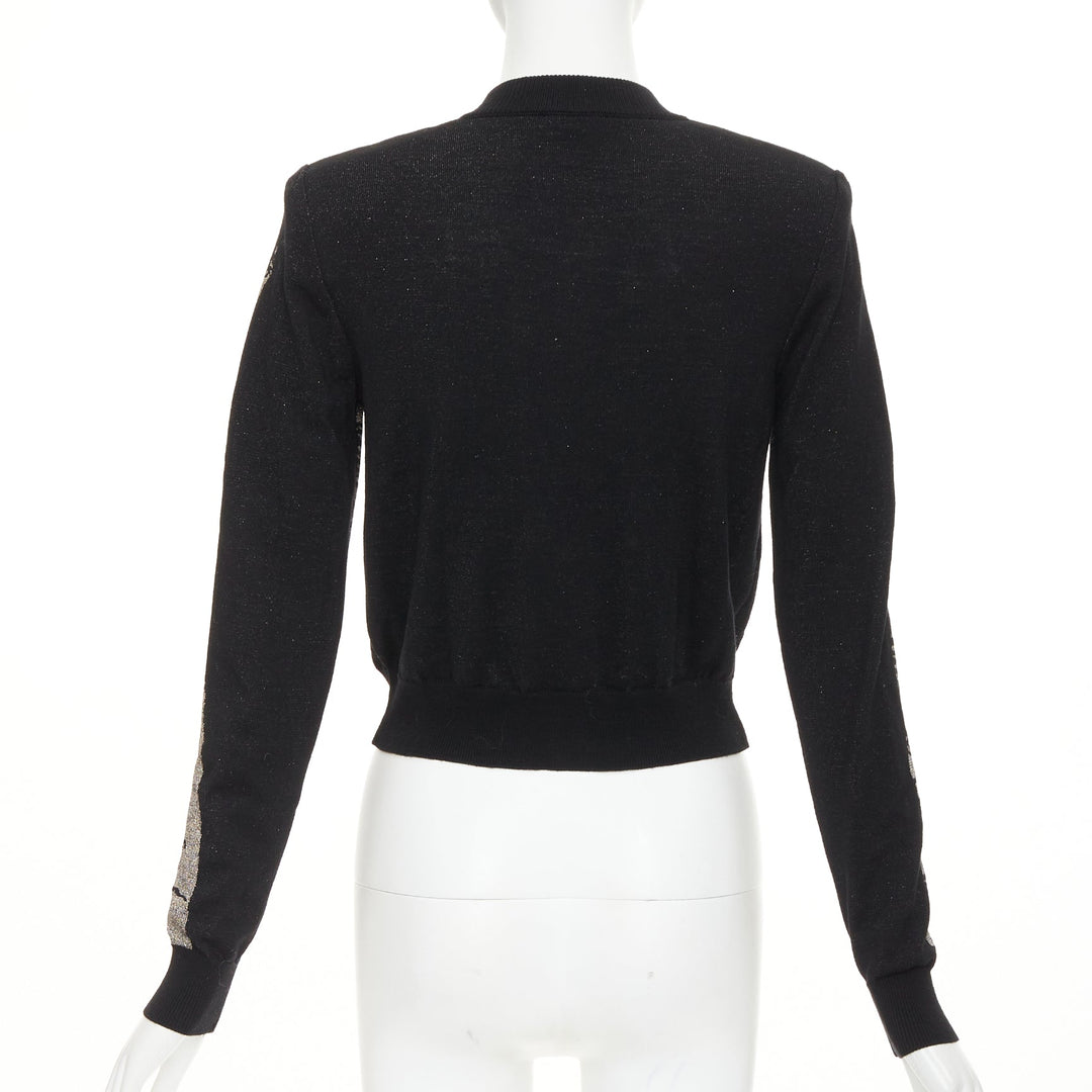 BALMAIN black bronze wool blend metallic scribble jacquard cardigan FR34 XS