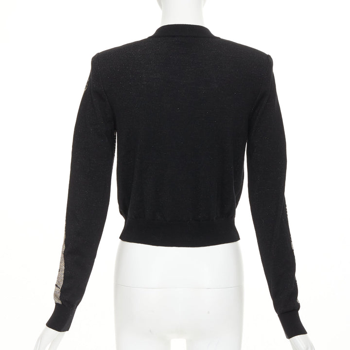 BALMAIN black bronze wool blend metallic scribble jacquard cardigan FR34 XS