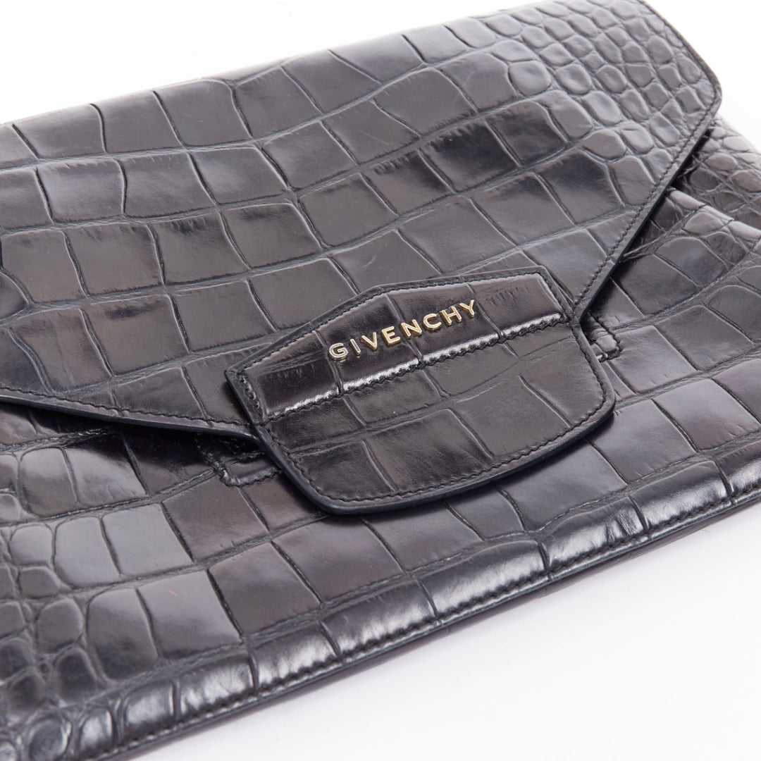 GIVENCHY Antigona black embossed leather silver logo envelope clutch