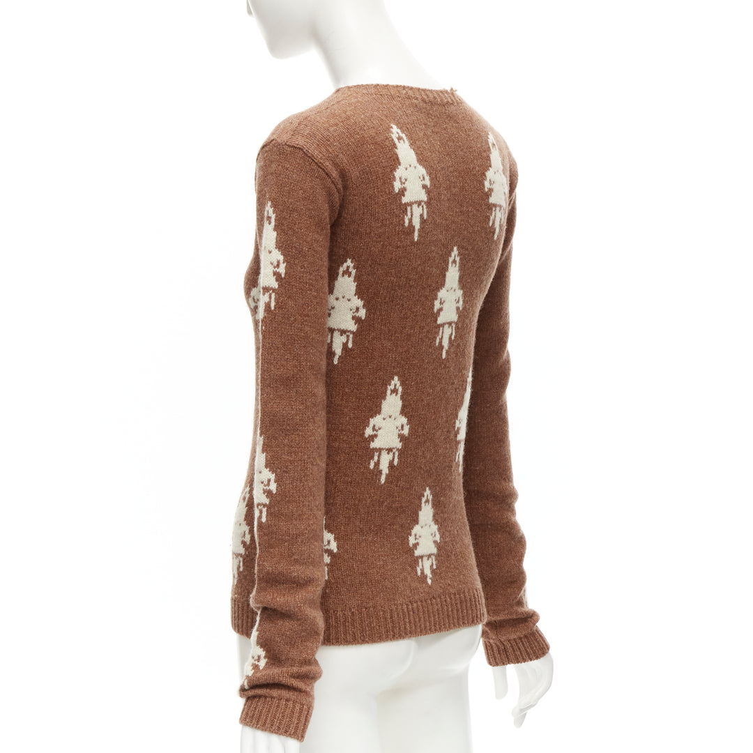 PRADA 2015 100% shetland wool brown rocket intarsia sweater IT36 XXS