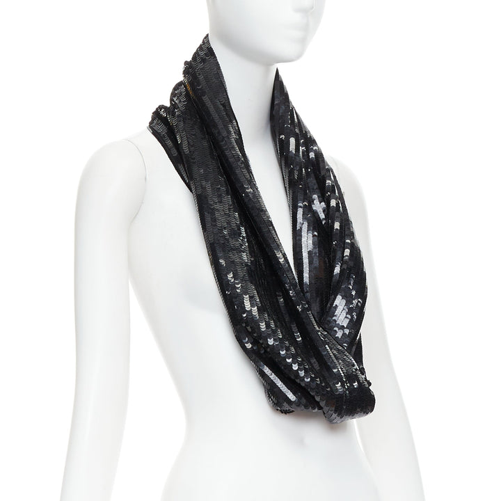 MONSE 100% silk black sequinned wrap around infinity circle scarf