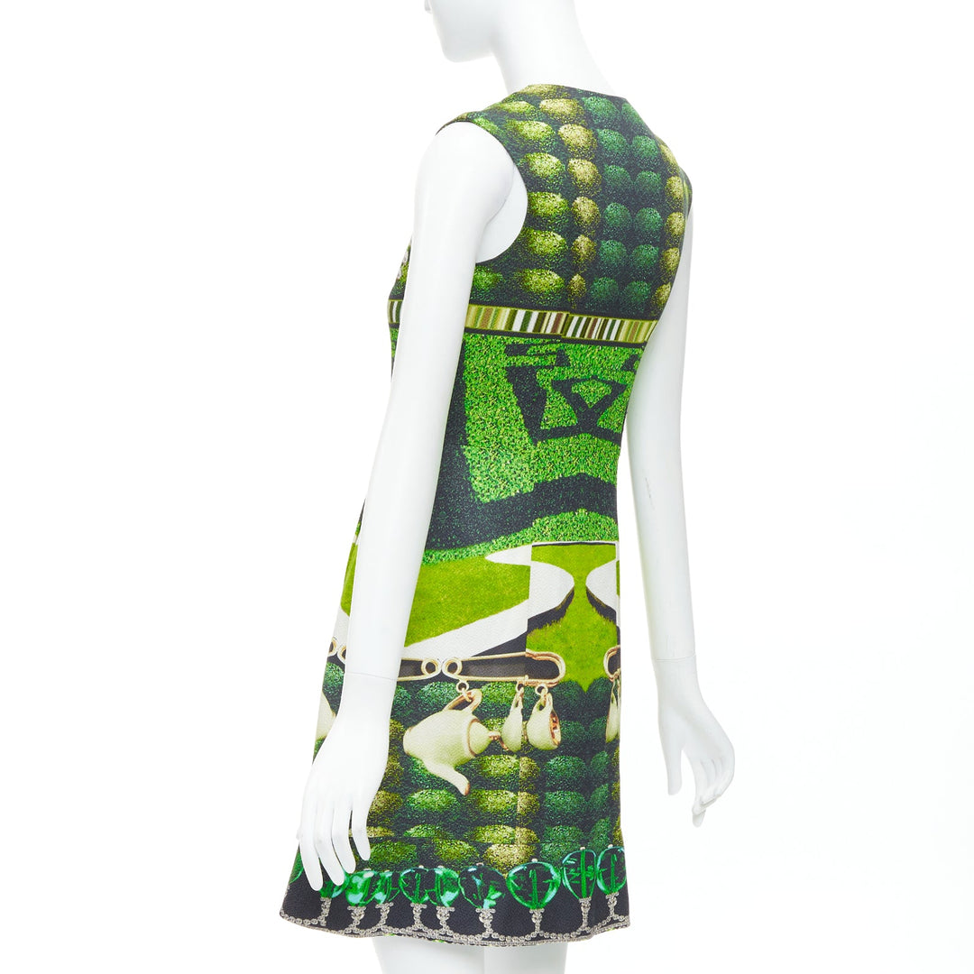 MARY KATRANTZOU 2012 Runway green heart garden party print shift dress UK10 M