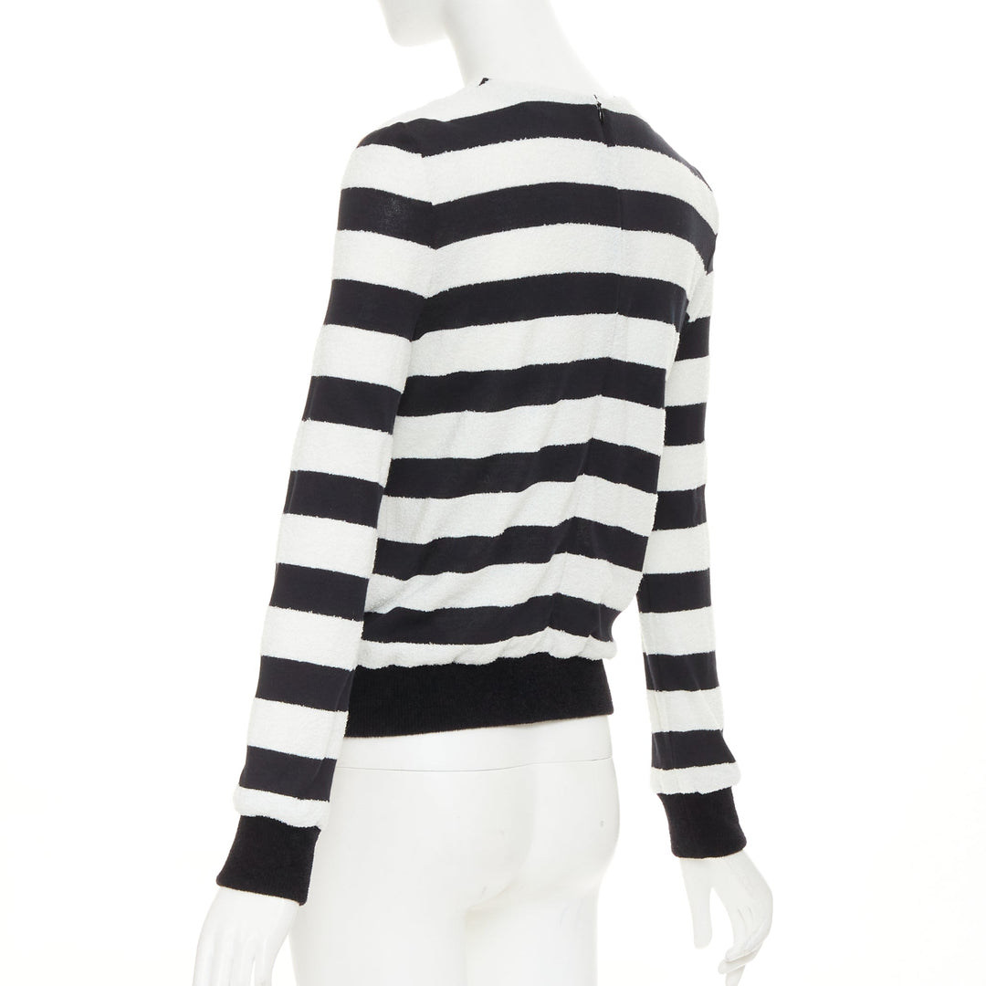 BALMAIN black off white stripes gold lion buttons square neck pullover FR36 S