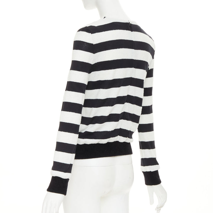 BALMAIN black off white stripes gold lion buttons square neck pullover FR36 S