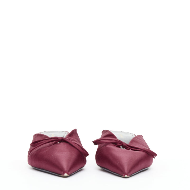 BALENCIAGA Demna Knife Mules burgundy satin bow pointy kitten heels EU38.5