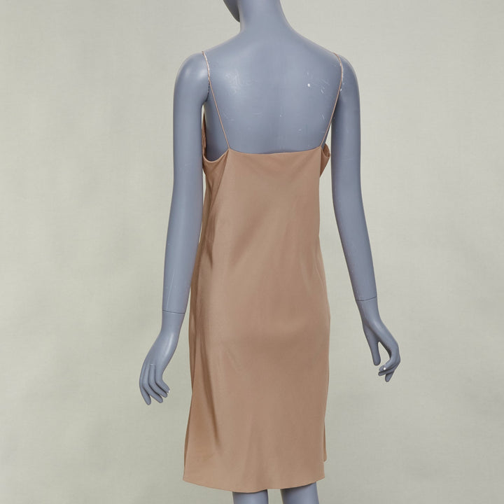 HERMES 100% silk nude spaghetti strap plunging mini slip lining dress FR40 L