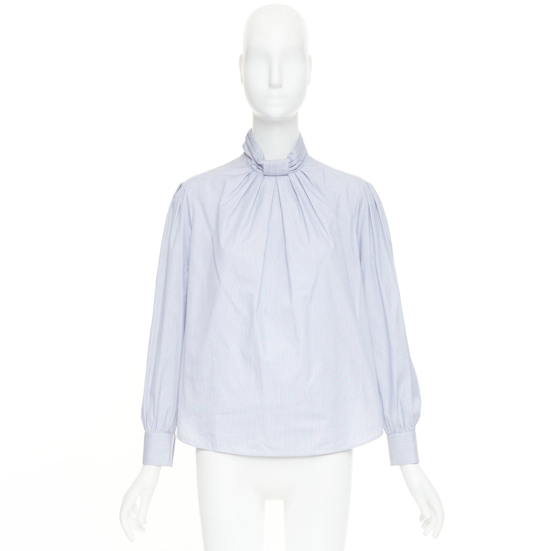 CELINE blue white pinstripe cotton high ruched collar puff sleeves blouse FR36 S