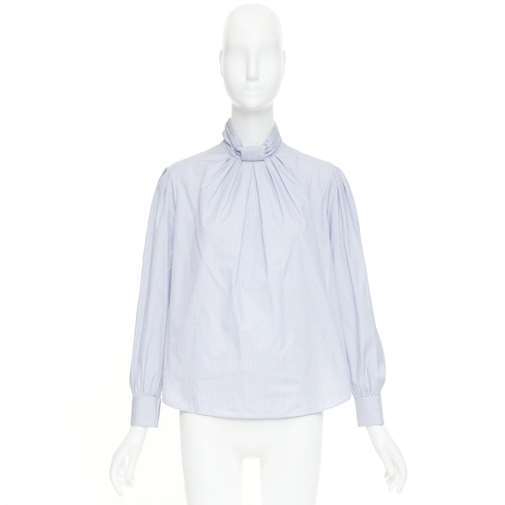 CELINE blue white pinstripe cotton high ruched collar puff sleeves blouse FR36 S