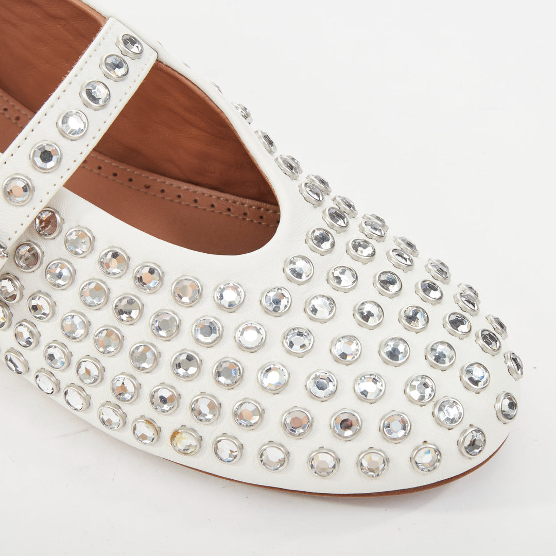 ALAIA 2023 Strass white lambskin crystal embellished mary jane ballet flats EU38