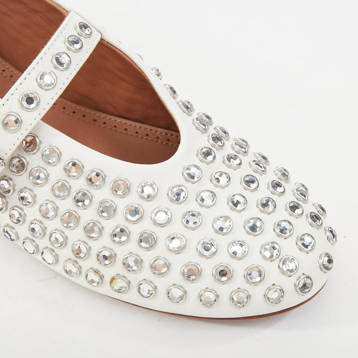 ALAIA 2023 Strass white lambskin crystal embellished mary jane ballet flats EU38