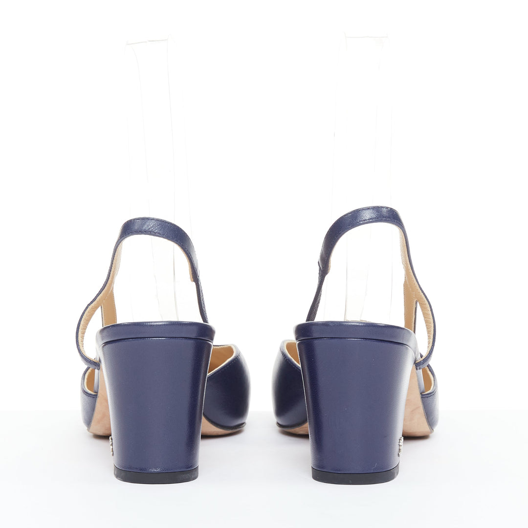 CHANEL navy blue leather black grosgrain cap toe slip on slingback pumps EU38