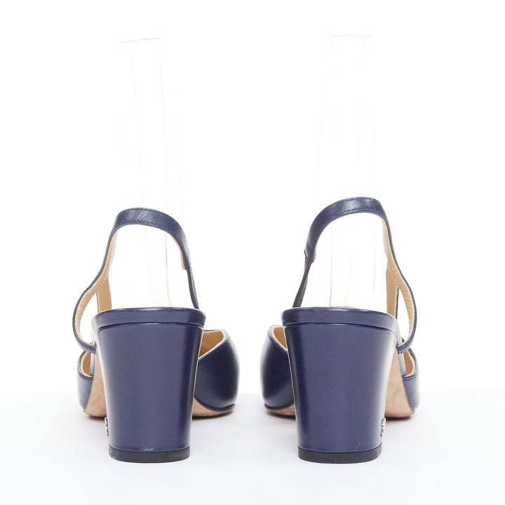 CHANEL navy blue leather black grosgrain cap toe slip on slingback pumps EU38