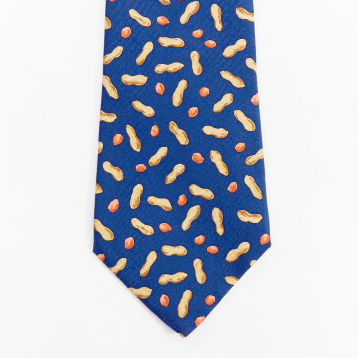 HERMES 7475 HA blue brown peanut shell nuts print silk tie