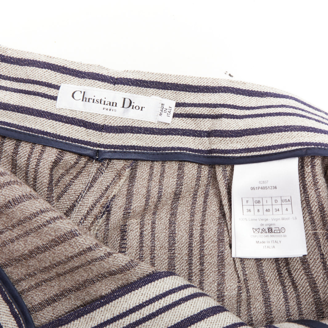 CHRISTIAN DIOR grey navy virgin wool high waisted striped wide leg pants FR36 S