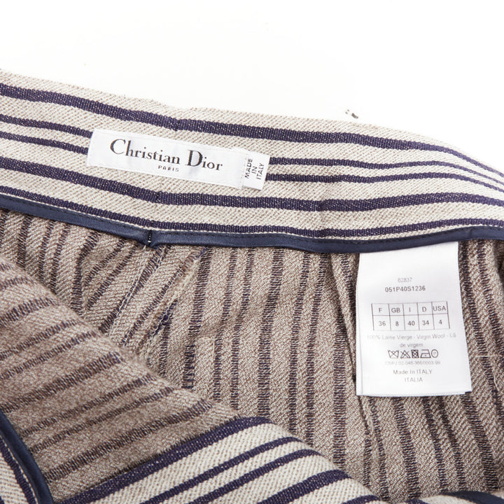CHRISTIAN DIOR grey navy virgin wool high waisted striped wide leg pants FR36 S