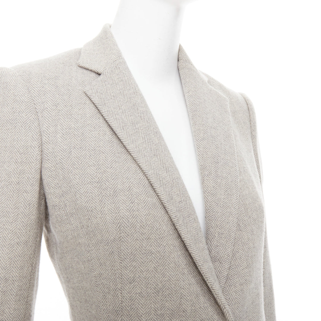 RALPH LAUREN Black Label grey merino wool herringbone leather button blazer US2