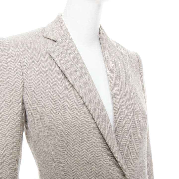 RALPH LAUREN Black Label grey merino wool herringbone leather button blazer US2
