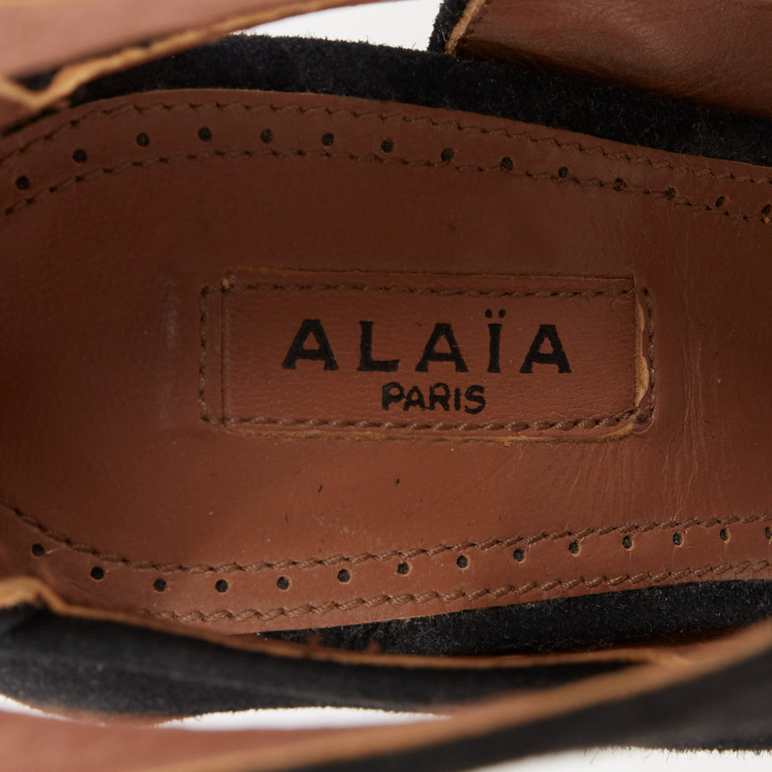 ALAIA 2012 black wavy suede caged cutout strappy open toe platform sandals EU35