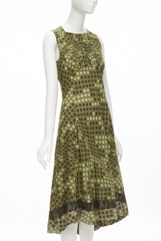 Runway COMME DES GARCONS 2000 green polka dot cotton camouflage hem midi dress M