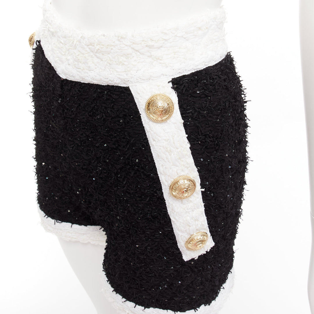 BALMAIN black white sequins tweed gold buttons zip high waisted shorts FR34 XS