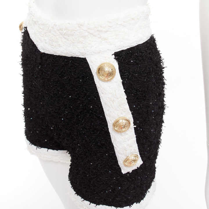 BALMAIN black white sequins tweed gold buttons zip high waisted shorts FR34 XS