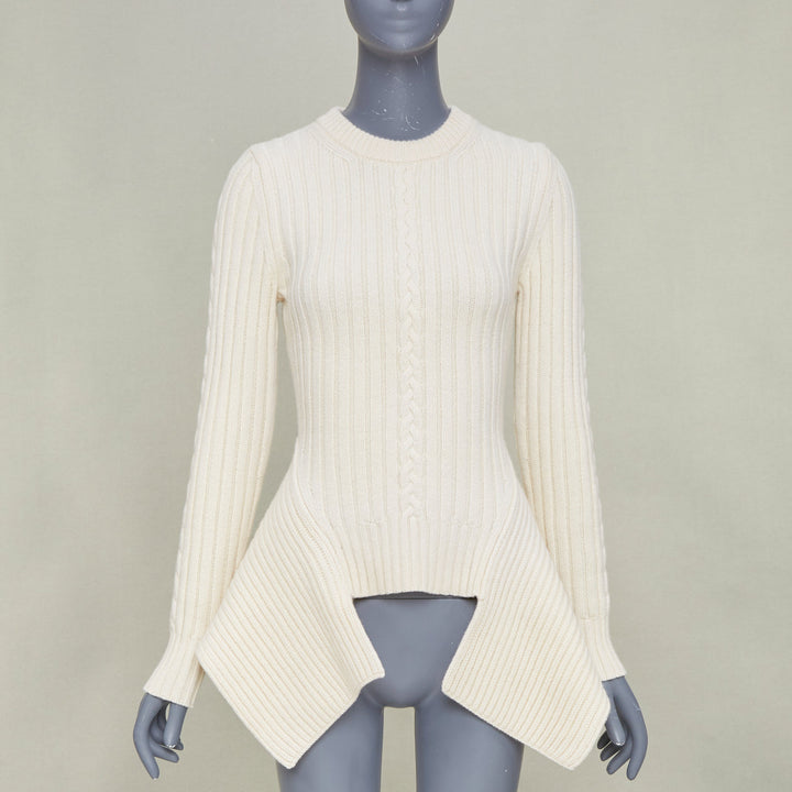ALEXANDER MCQUEEN 2021 beige wool cashmere asymmetric drape peplum sweater S