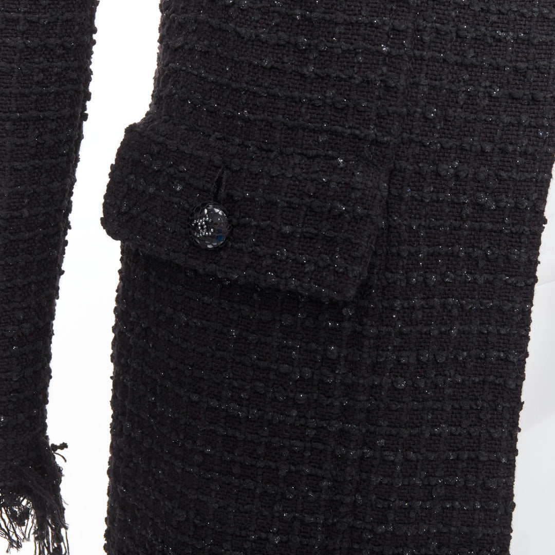 CHANEL 22C Runway black tweed fringe trim 4 pocket long jacket FR36 S