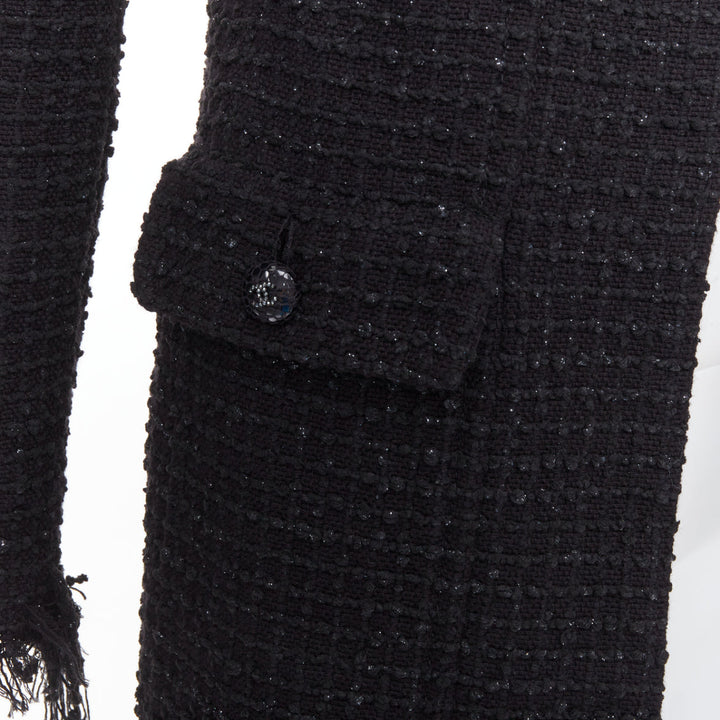 CHANEL 22C Runway black tweed fringe trim 4 pocket long jacket FR36 S