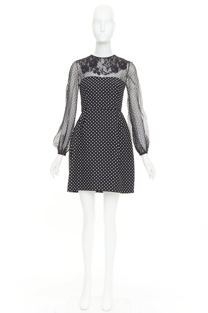 VALENTINO black white wool silk crepe polka dot lace overlay pleat dress IT40 S