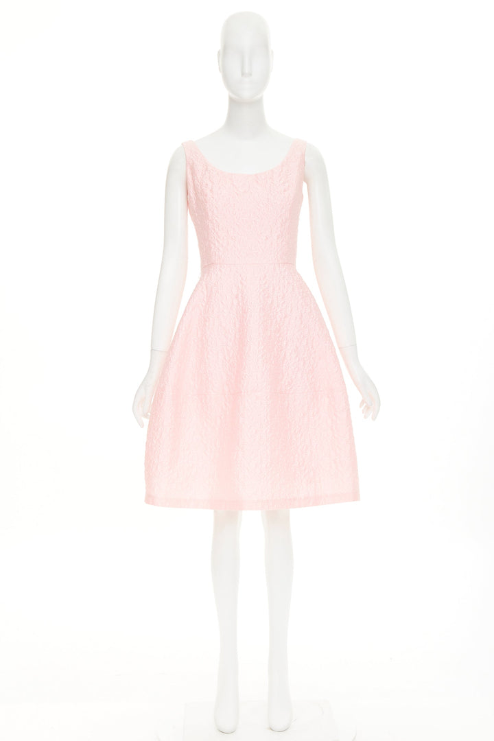 OSCAR DE LA RENTA 2016 pink cotton silk floral cloque fit flare dress US6 M