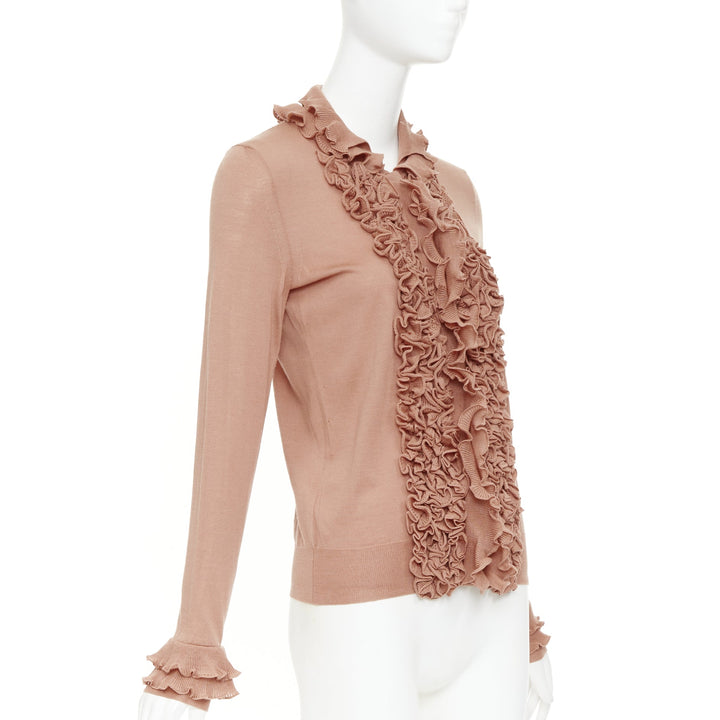YVES SAINT LAURENT Rive Gauche beige wool ruffle tier cuff knit cardigan XS