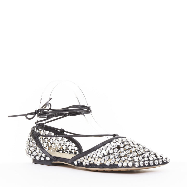 BOTTEGA VENETA Sparkle Stretch black leather crystal mesh lace up flats EU38