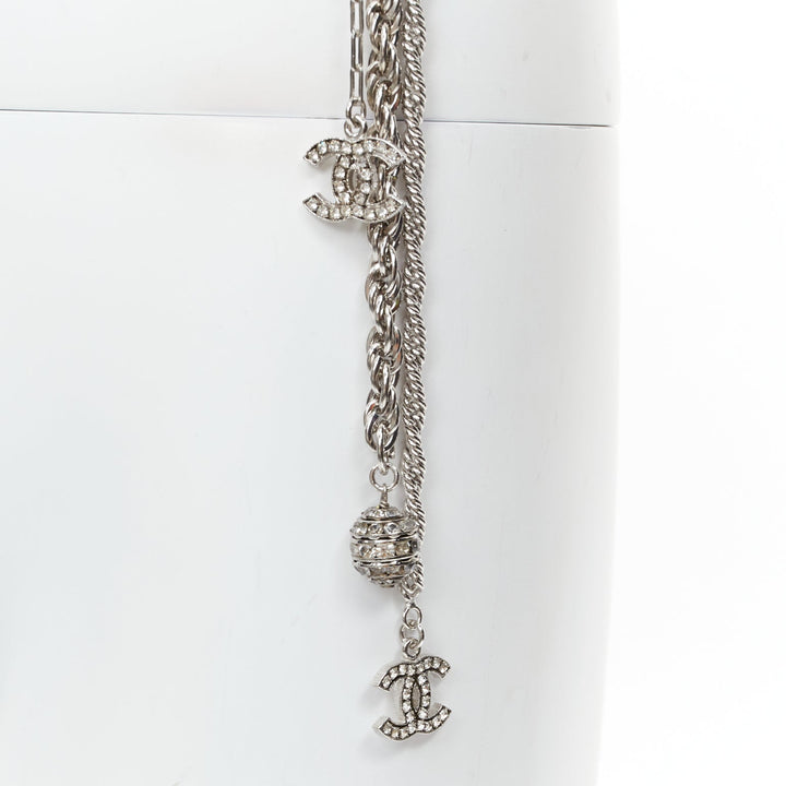 rare CHANEL 08A silver tone crystal CC logo layered multi chain charm belt