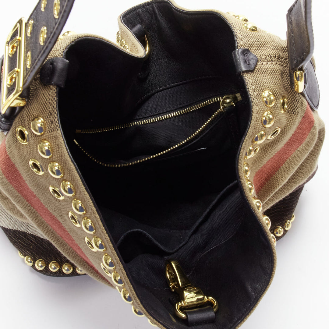 BURBERRY Ashby khaki big house check gold studded black leather bucket bag