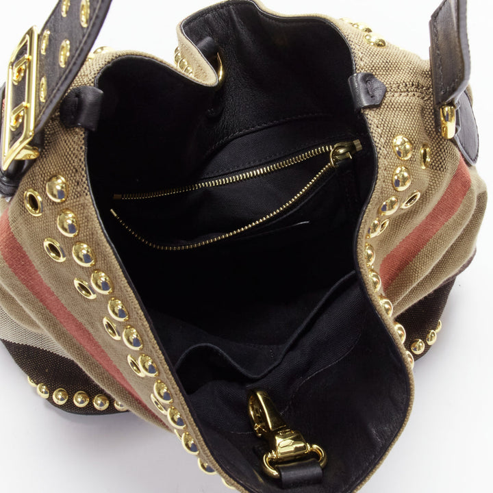 BURBERRY Ashby khaki big house check gold studded black leather bucket bag