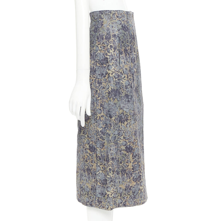 DIOR Brocart blue beige floral brocade denim knee skirt FR36 S