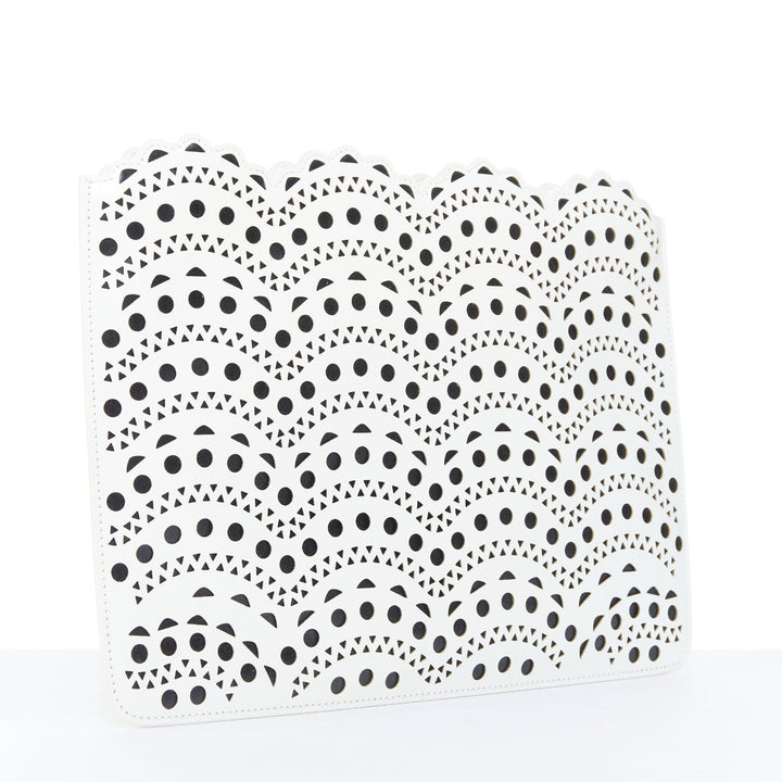 ALAIA Vienne laser cut white leather black lined scalloped zip pouch clutch bag