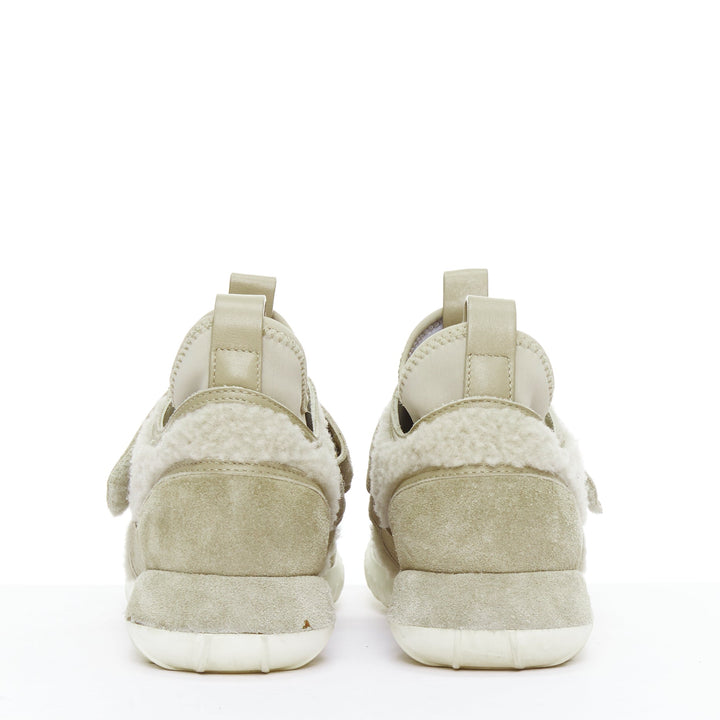 MONCLER stone suede shearling panels logo magic tape sneakers EU38