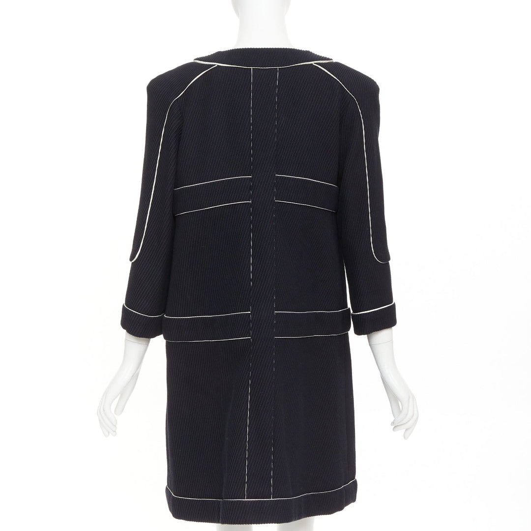 CHANEL 2015 Runway black cotton diagonal corded contrast satin piped coat FR36 S