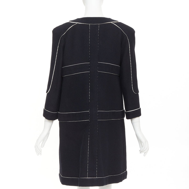 CHANEL 2015 Runway black cotton diagonal corded contrast satin piped coat FR36 S