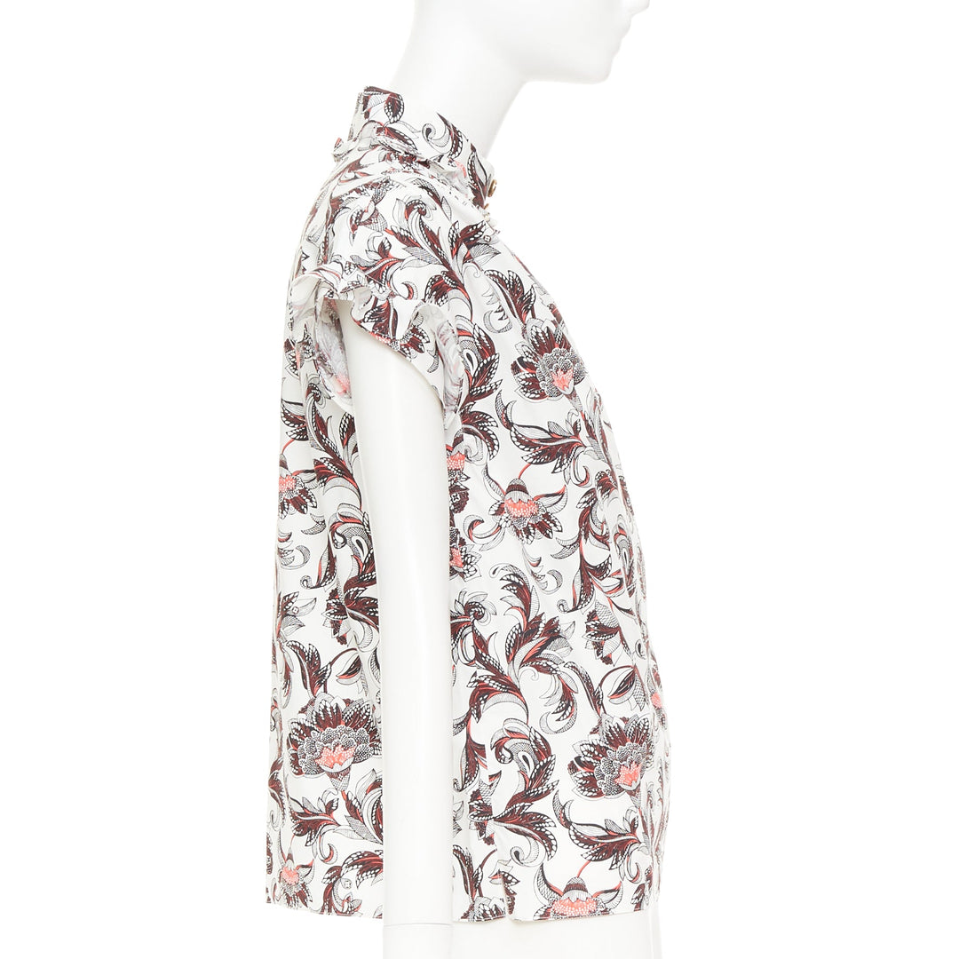LOUIS VUITTON white red burgundy paisley floral LV button ruffled shirt FR34 XS