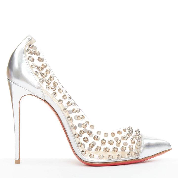 CHRISTIAN LOUBOUTIN Spike Me 100 Metal Gloss silver PVC spike stud pumps EU38