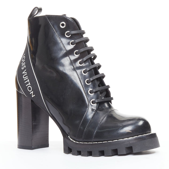 LOUIS VUITTON Star Trail black shiny leather logo tape army ankle boots EU40
