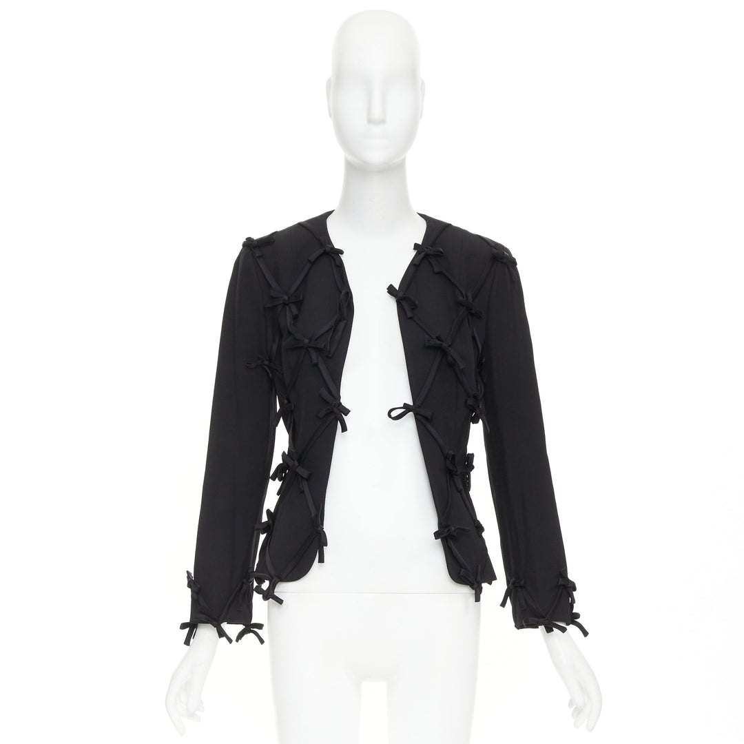 rare MOSCHINO 1990s Cheap Chic Vintage black ribbon bow lattice blazer IT36 XXS