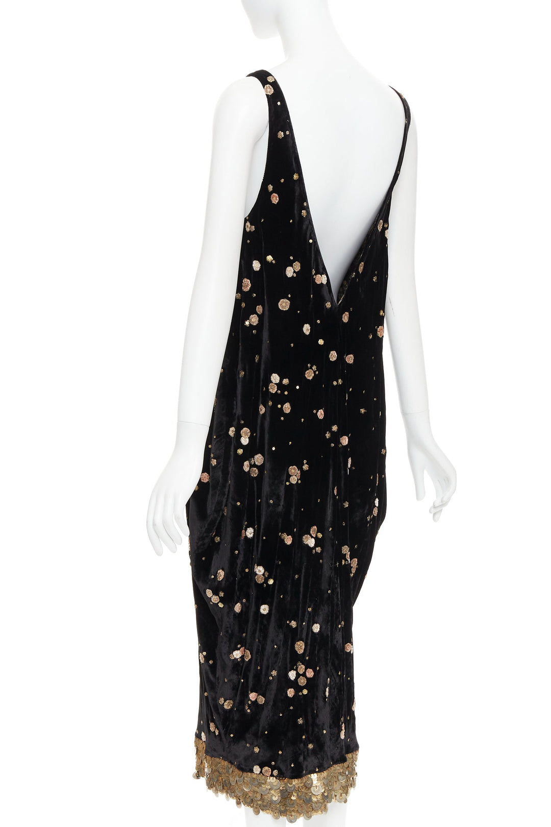 SABYASACHI black velvet gold floral applique sequins drape V neck dress S
